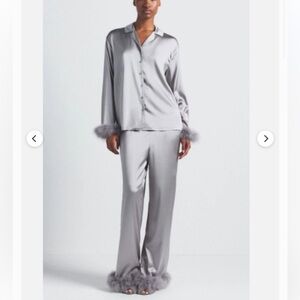 Silky Silver Satin Pajama Set with Feather Cuffs